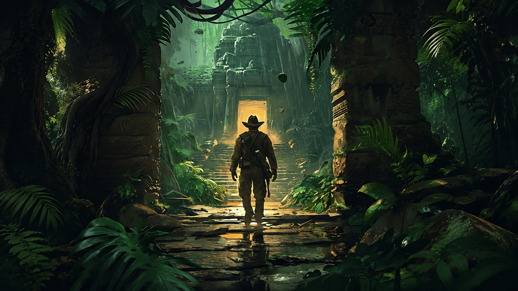 Explorer entering a jungle temple maze
